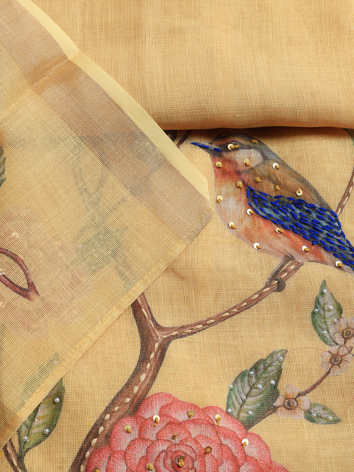 Printed Linen Blend Unstitched Suit With Pant &amp; Dupatta