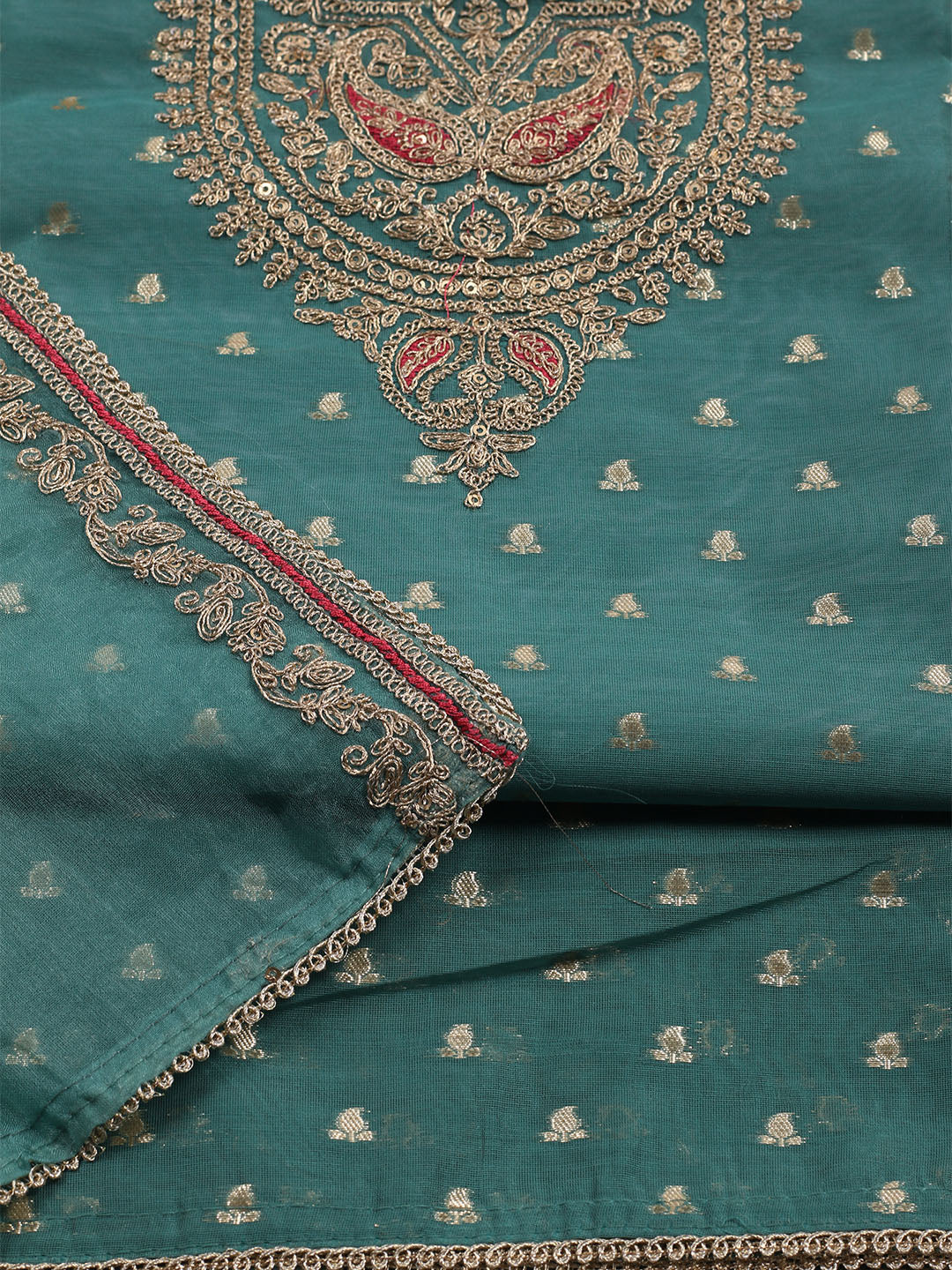 Neck Embroidered Chanderi Unstitched Suit With Dupatta
