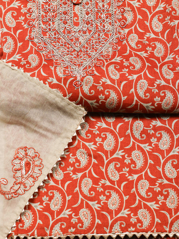 Embroidered Cotton Unstitched Suit With Pant &amp; Dupatta