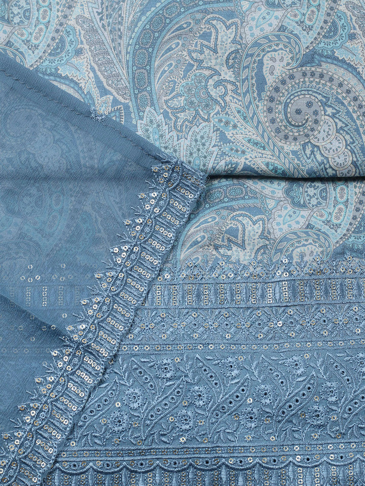 Embroidered Chanderi Unstitched Suit With Pant &amp; Dupatta
