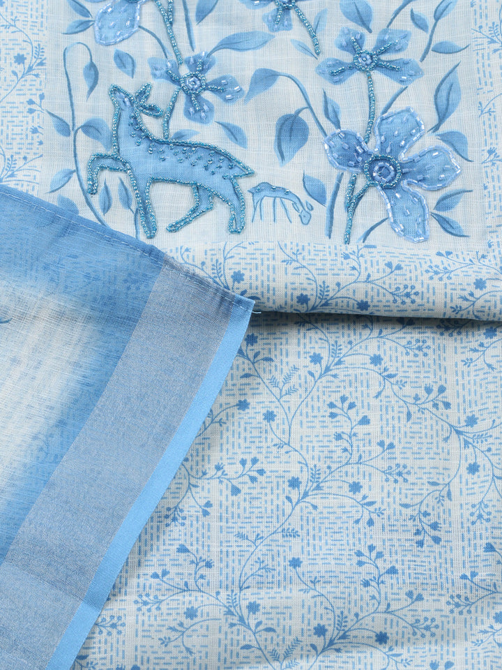 Printed Linen Blend Unstitched Suit With Pant &amp; Dupatta