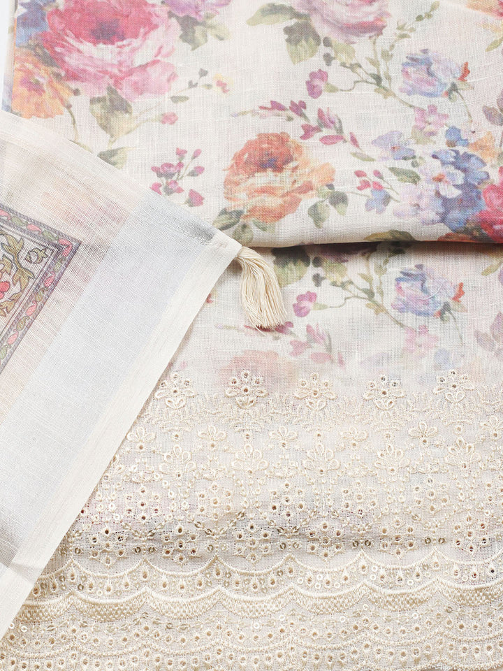 Embroidered Linen Blend Unstitched Suit With Pant &amp; Dupatta