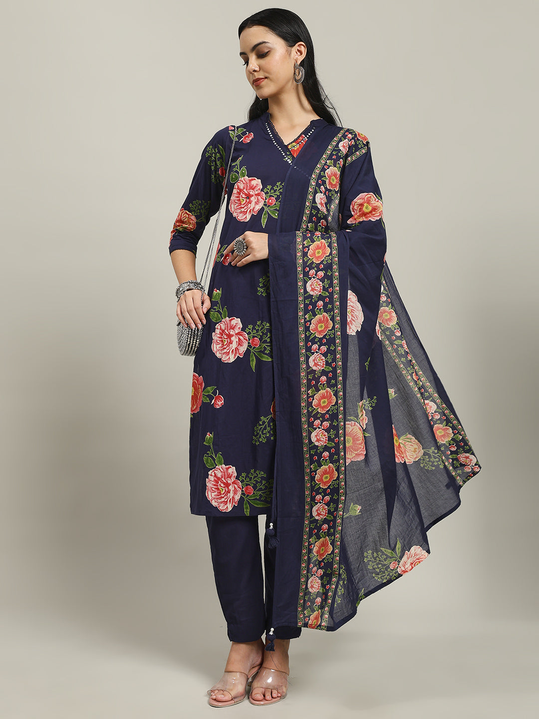 Printed Cotton Blend Kurta With Pants & Dupatta