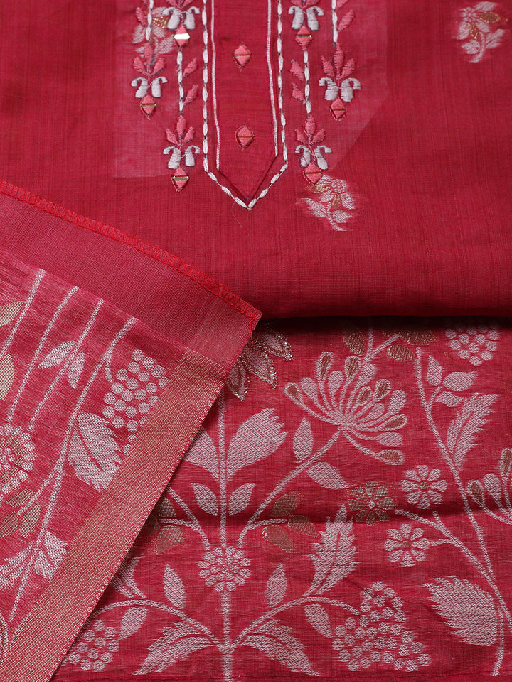 Embroidered Cotton Blend Unstitched Suit With Pant &amp; Dupatta