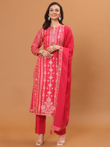 Banarasi Printed Embroidery Kurta With Pants & Dupatta