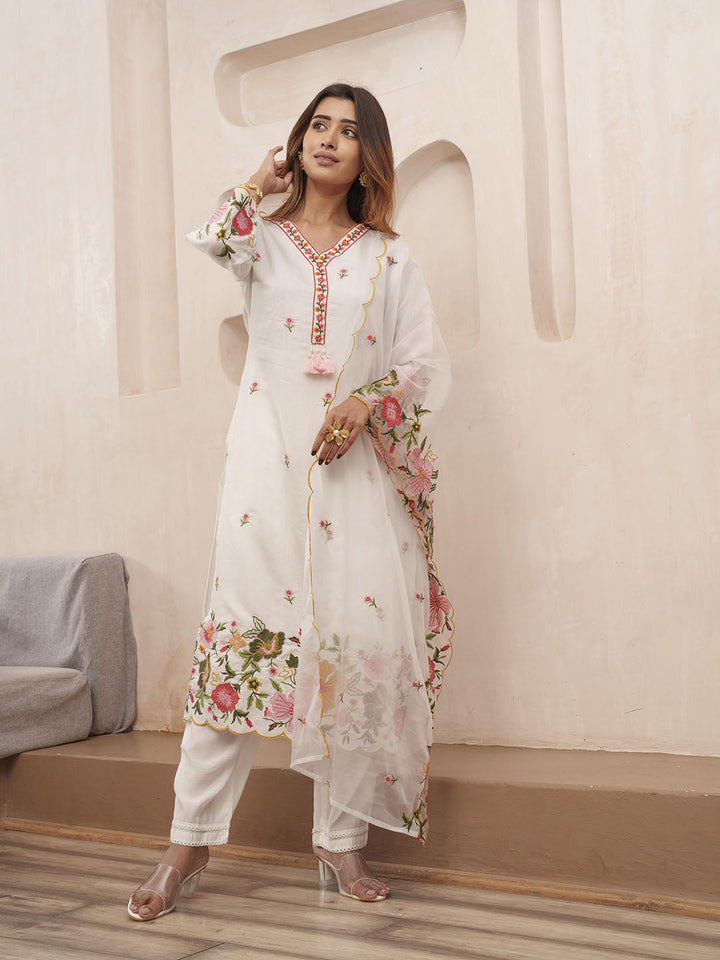 Embroidered Cotton Blend Kurta With Pants &amp; Dupatta