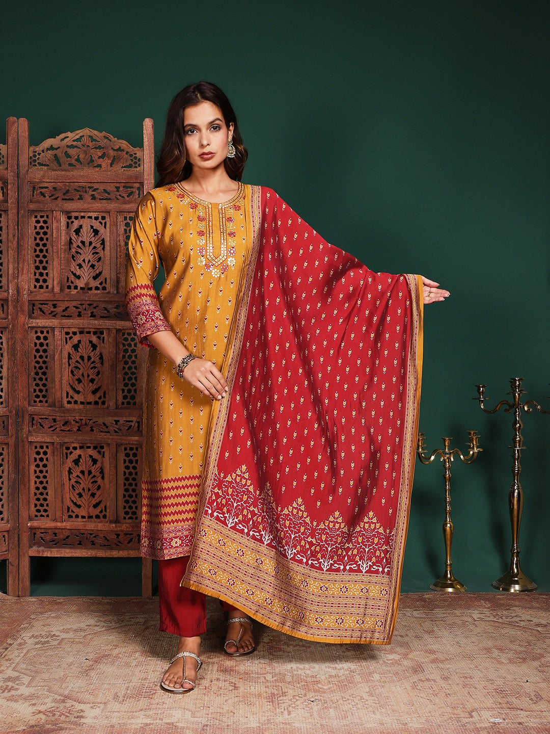 Floral Printed Art Silk Kurta With Pant &amp; Dupatta