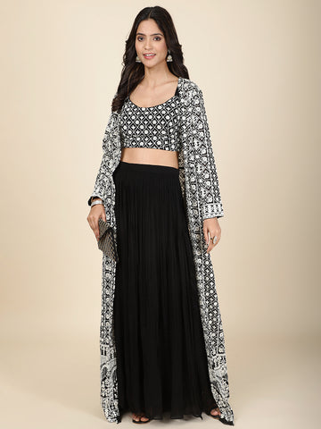 Sequin Embroidery Georgette Crop Top With Sharara & Jacket