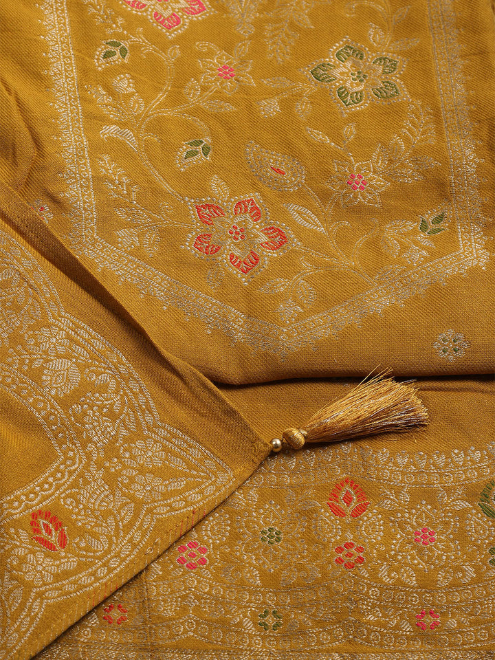 Pashmina Woven Design Unstitched Kurta With Pant &amp; Dupatta