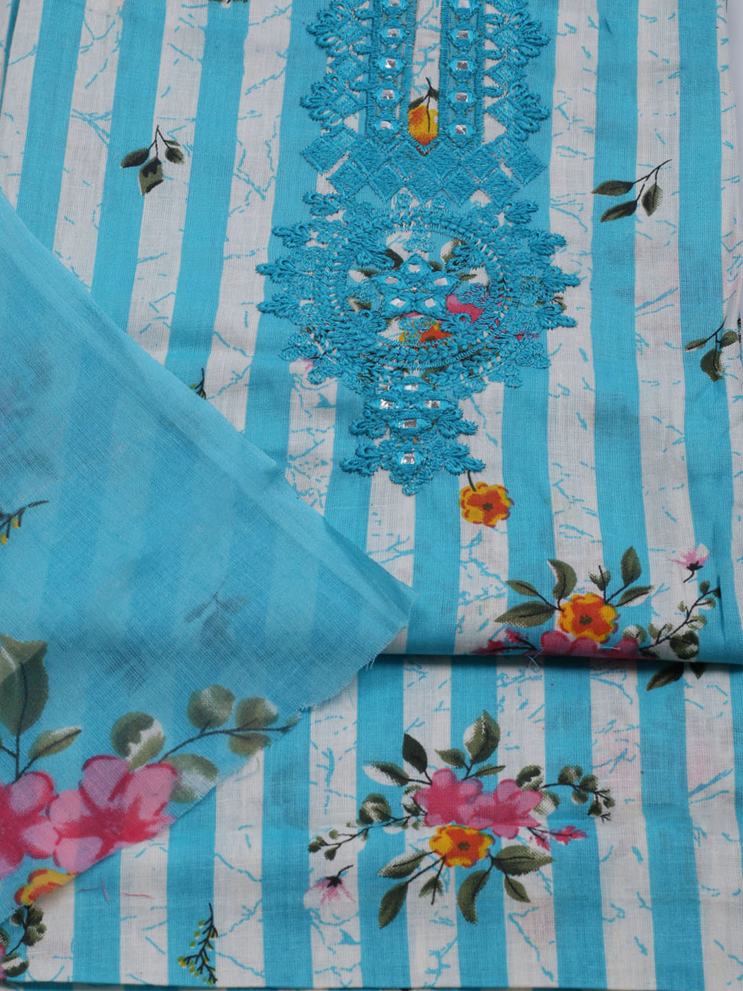 Patch Neck Cotton Blend Unstitched Suit With Dupatta