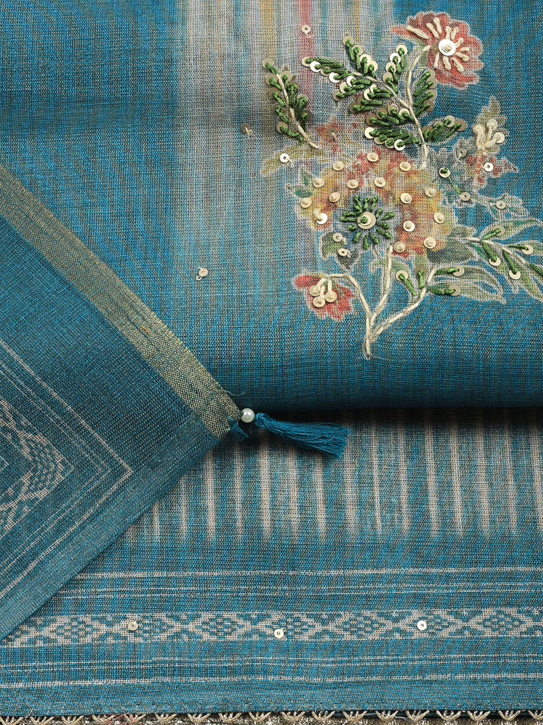 Printed Linen Blend Unstitched Suit With Pant &amp; Dupatta