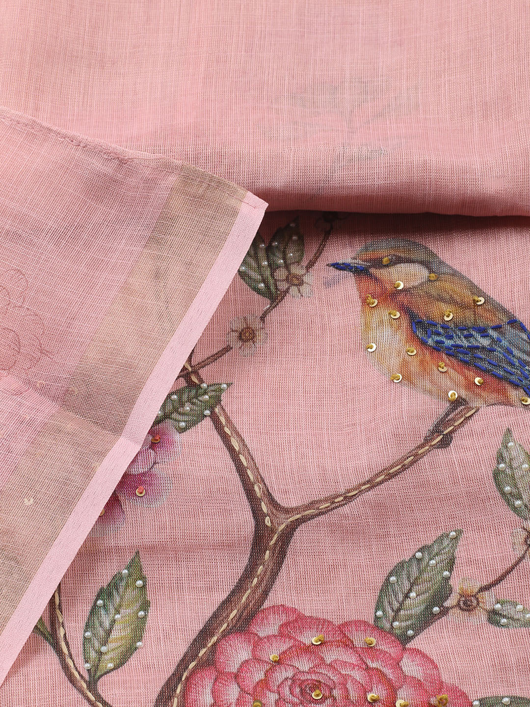 Printed Linen Blend Unstitched Suit With Pant &amp; Dupatta