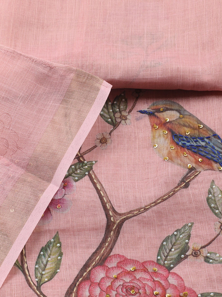 Printed Linen Blend Unstitched Suit With Pant &amp; Dupatta