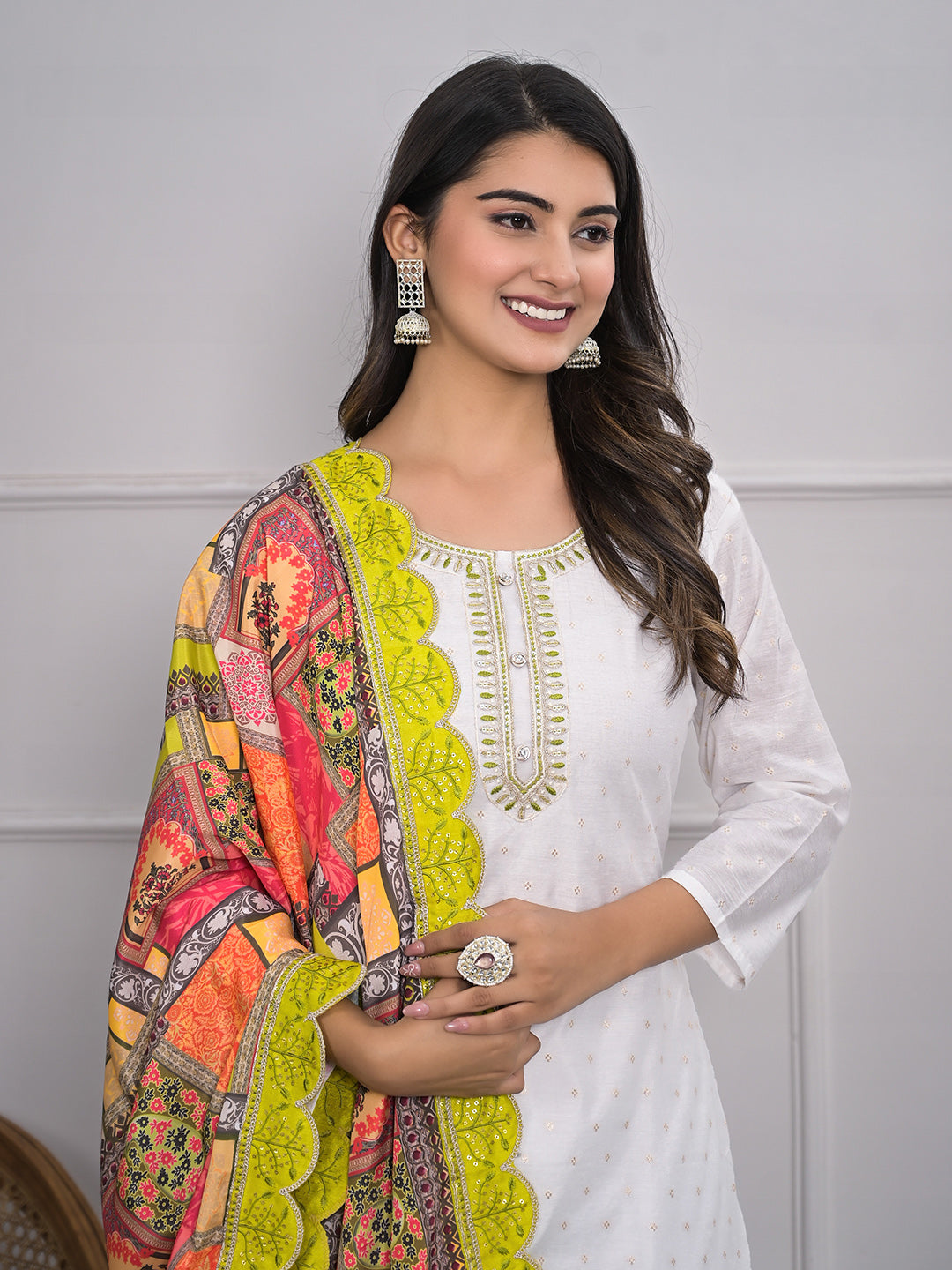Neck Embroidery Cotton Blend Kurta With Pants &amp; Dupatta