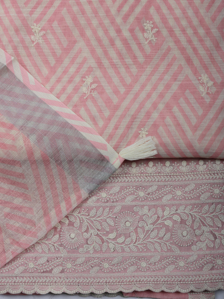 Embroidered Linen Blend Unstitched Suit With Pant &amp; Dupatta