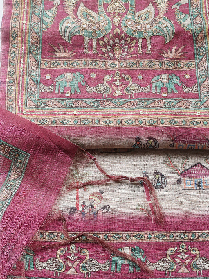 Embroidered Chanderi Unstitched Suit With Pant &amp; Dupatta