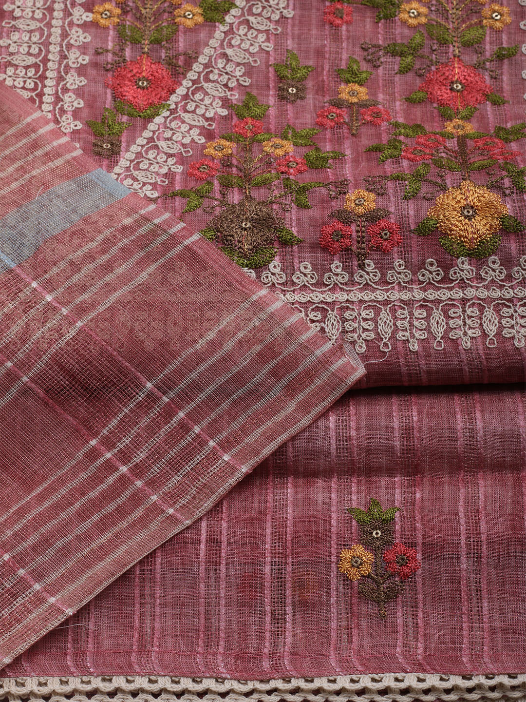 Embroidered Linen Unstitched Kurta With Pant & Dupatta