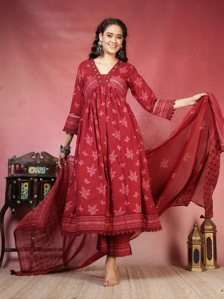 Maroon Cotton Blend Printed Anarkali Suit Set