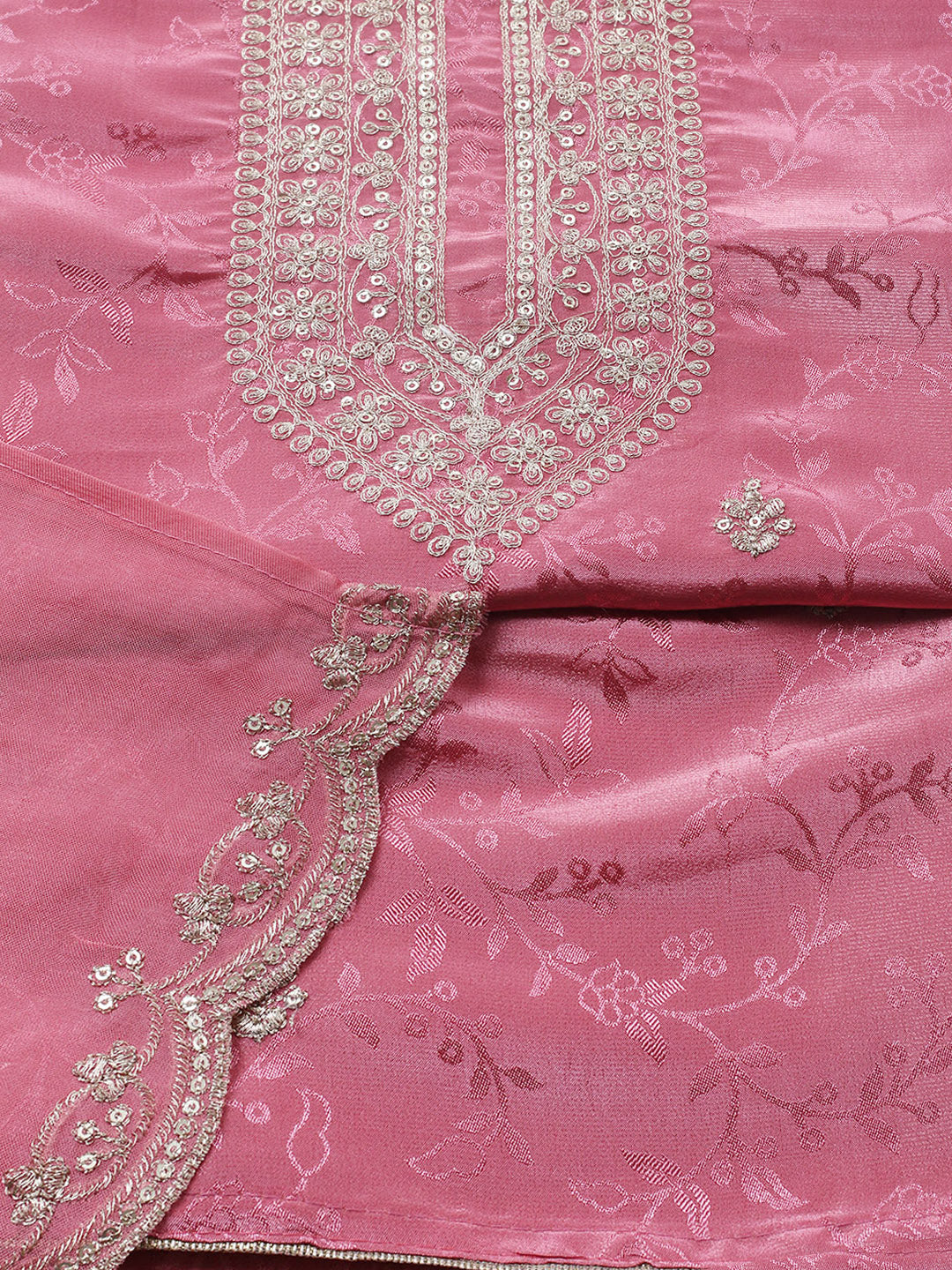 Embroidered Chanderi Unstitched Suit With Pant &amp; Dupatta