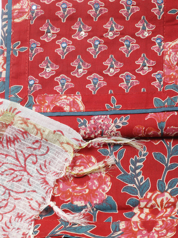 Printed Cotton Blend Unstitched Suit With Pant &amp; Dupatta