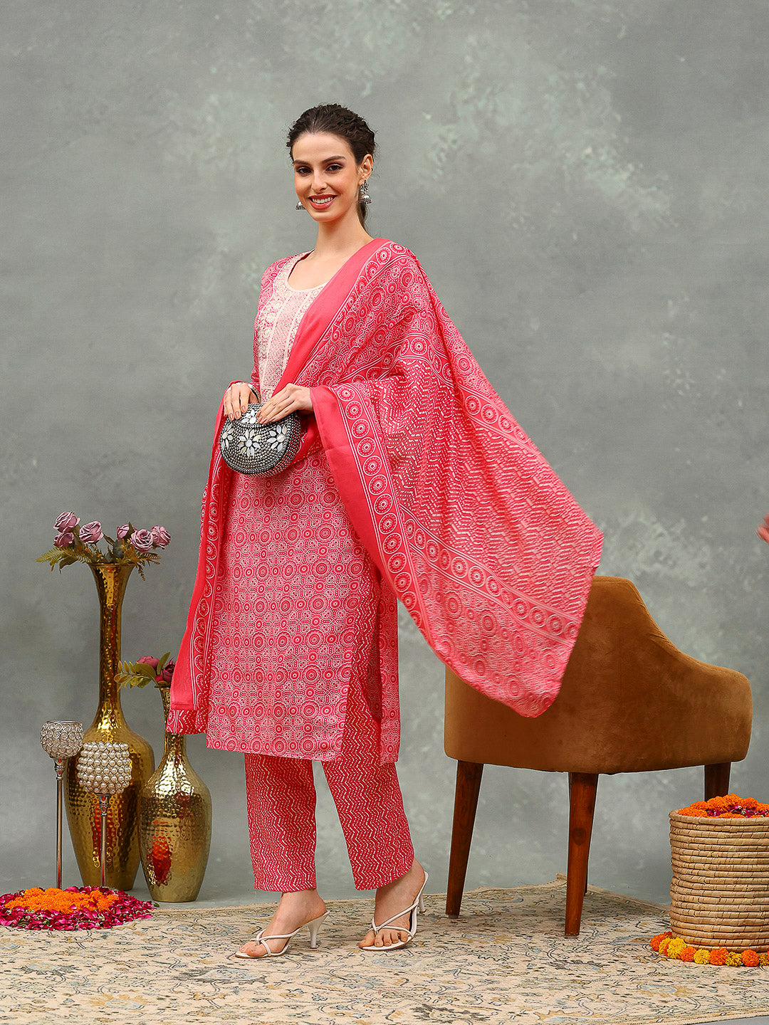 Floral Printed Cotton Kurta With Pants & Dupatta