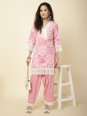 Printed & Panel Embroidery Cotton Kurta With Pants