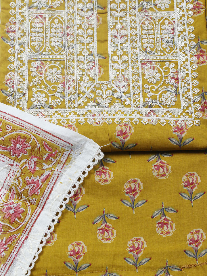 Printed Cotton Blend Unstitched Suit With Pant &amp; Dupatta