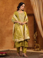 Neck Zari Embroidery Tissue Kurta With Pants & Dupatta