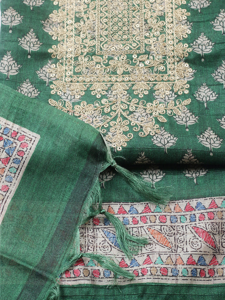 Embroidered Cotton Blend Unstitched Suit With Pant &amp; Dupatta