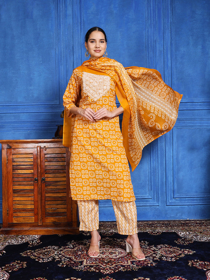 Printed Cotton Blend Kurta With Pants &amp; Dupatta