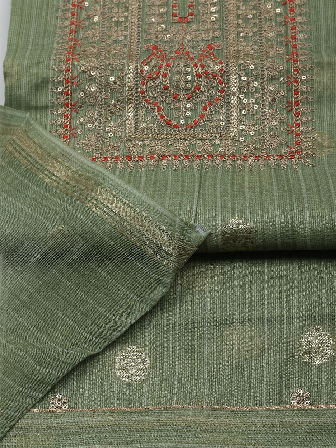 Embroidered Chanderi Unstitched Kurta With Pant & Dupatta