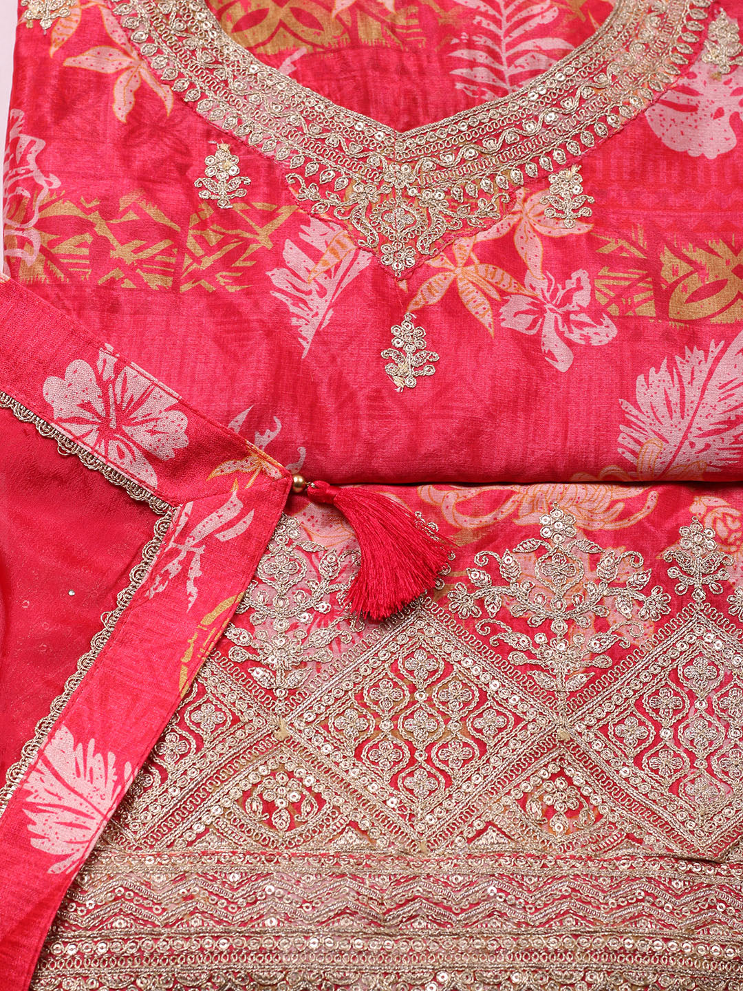 Embroidered Chinon Unstitched Suit With Pant &amp; Dupatta