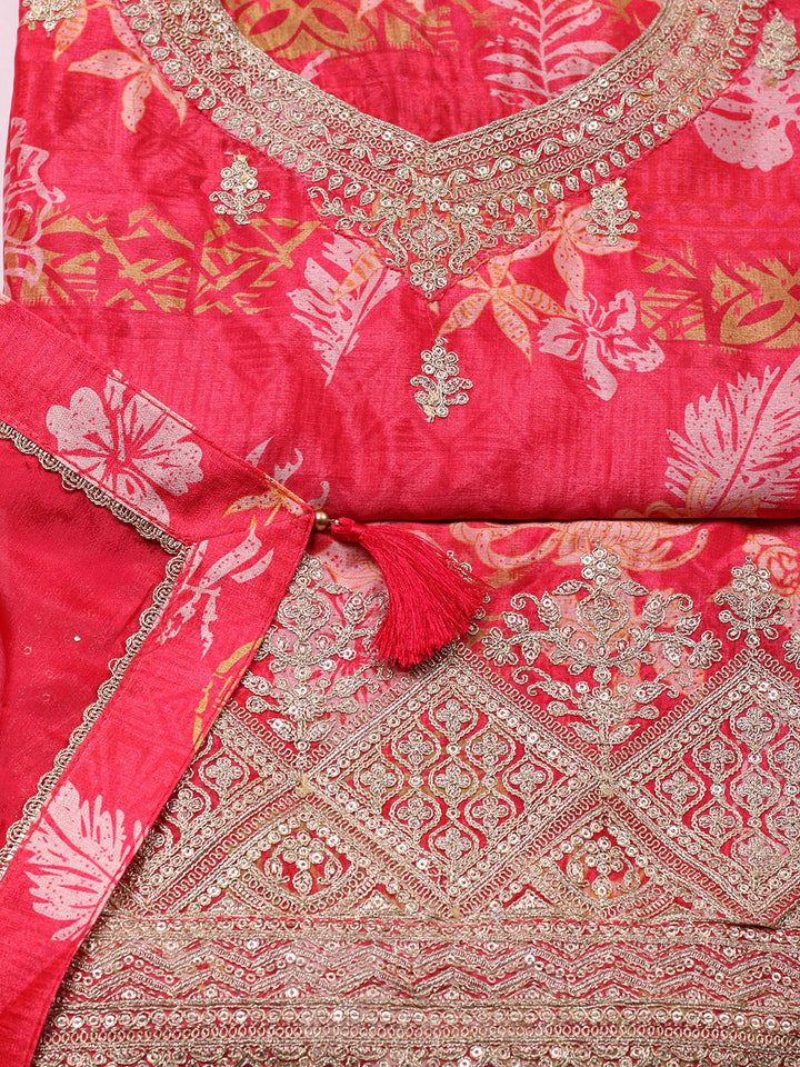 Embroidered Chinon Unstitched Suit With Pant &amp; Dupatta