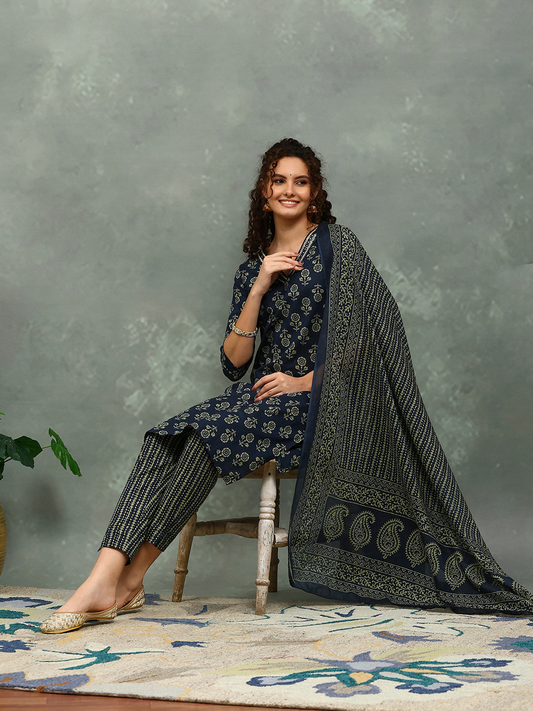 Printed Cotton Blend Kurta With Pants & Dupatta