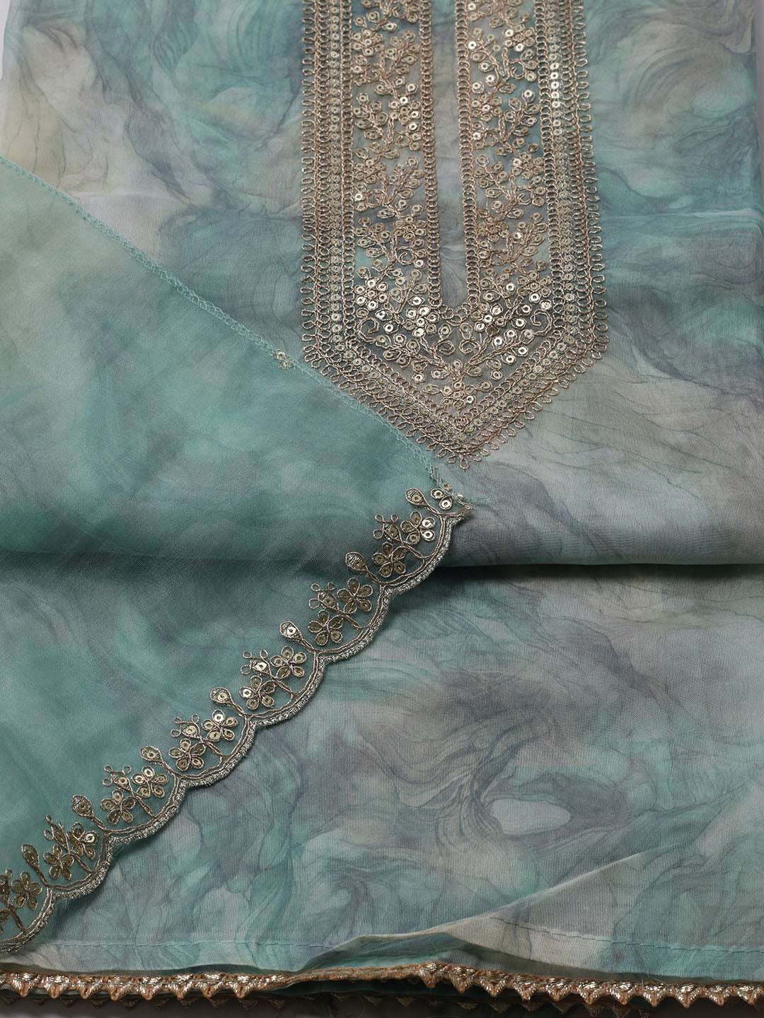 Neck Embroidered Organza Unstitched Suit With Dupatta