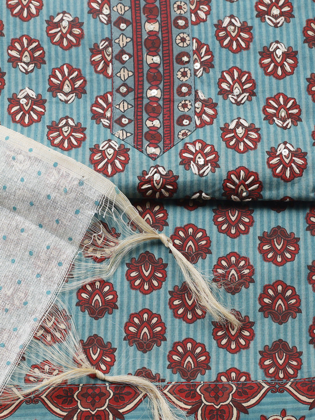 Printed Cotton Blend Unstitched Suit With Pant &amp; Dupatta