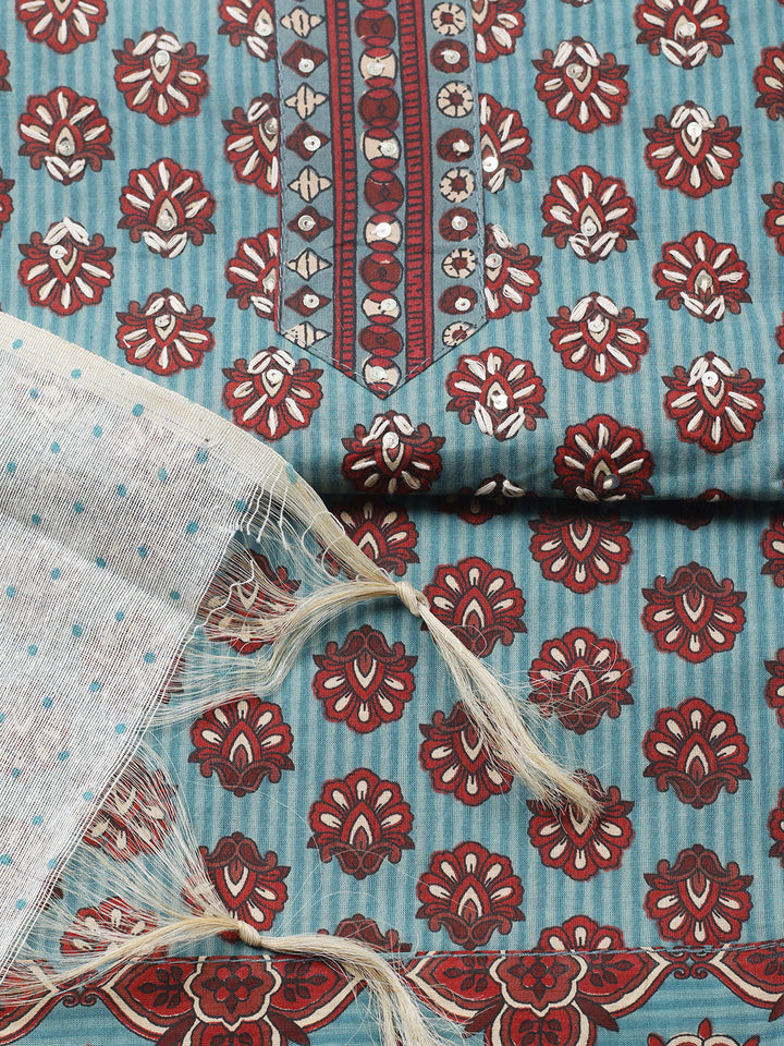 Printed Cotton Blend Unstitched Suit With Pant &amp; Dupatta