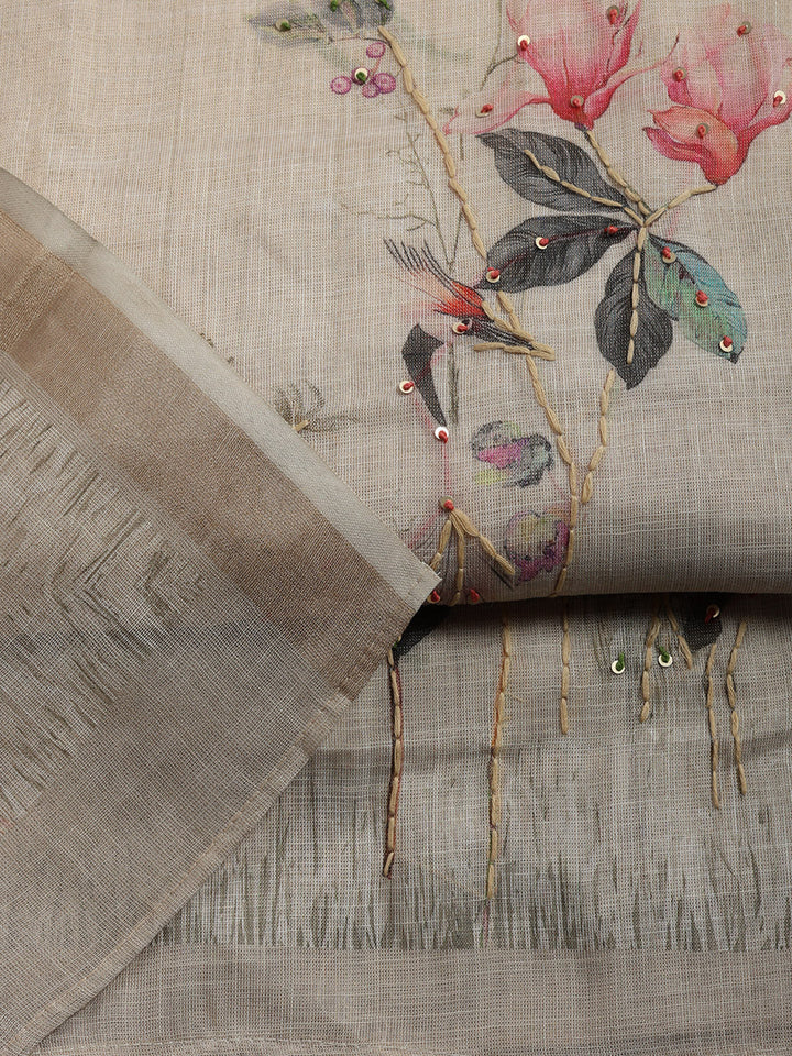 Printed, Linen Blend Unstitched Suit With Pant &amp; Dupatta