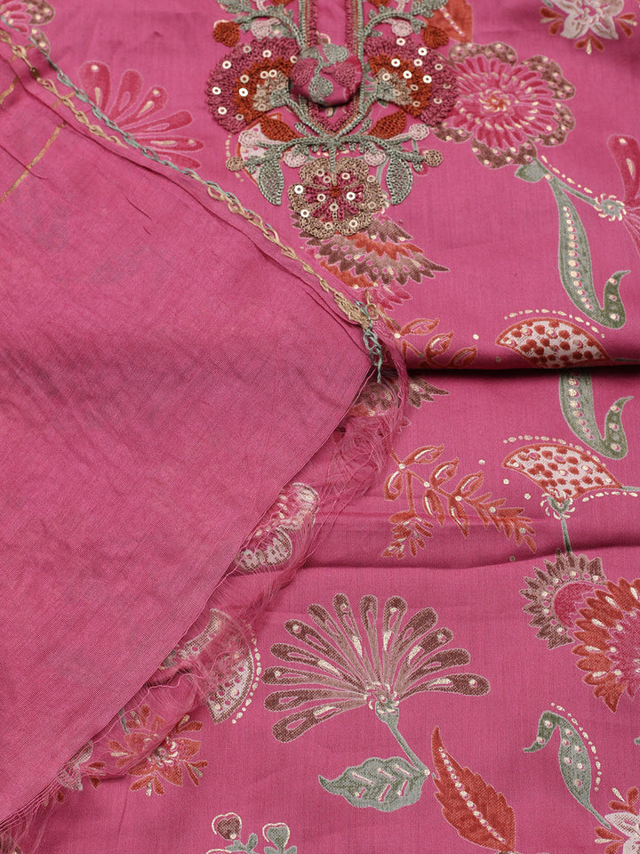 Embroidered Cotton Blend Unstitched Suit With Pant &amp; Dupatta