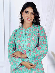 Printed Cotton Blend Kurti With Pants & Dupatta