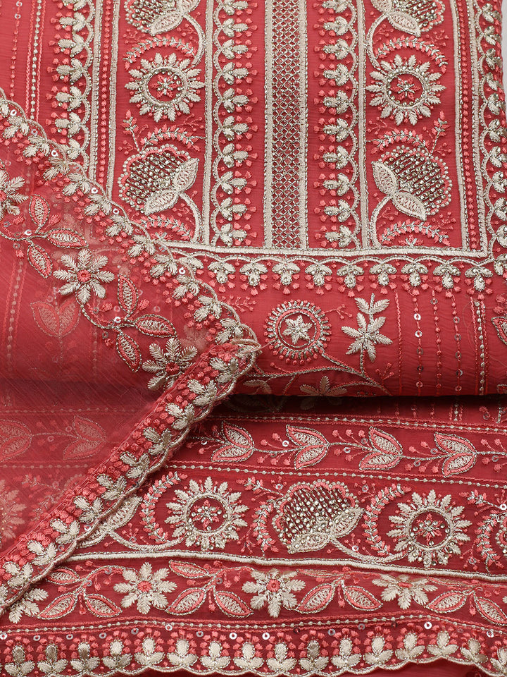 Embroidered Organza Unstitched Suit With Pant &amp; Dupatta