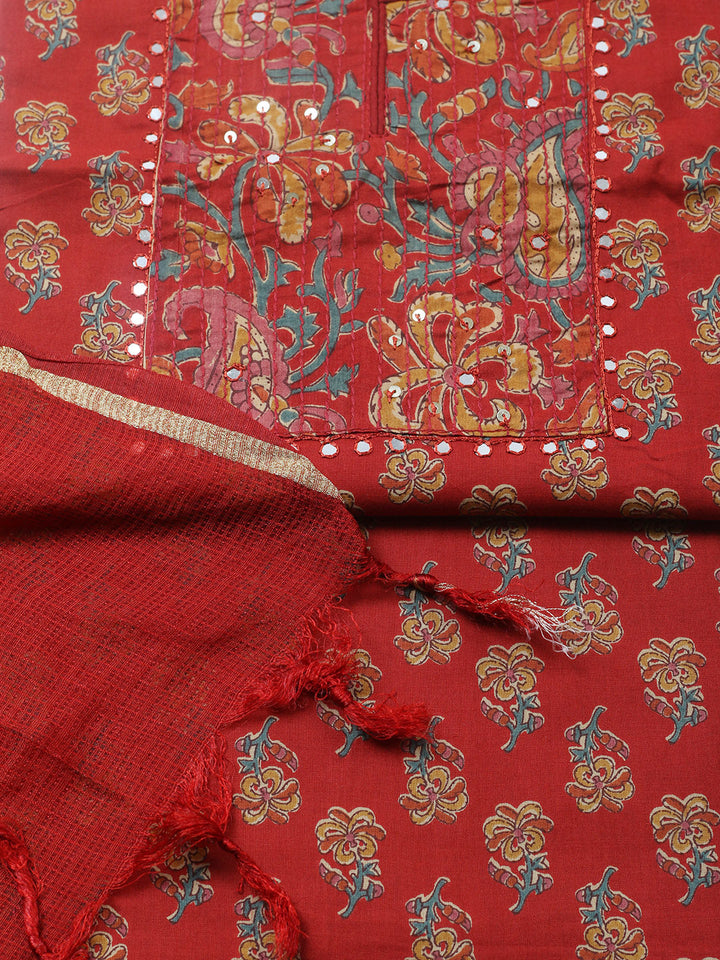 Embroidered Cotton Blend Unstitched Suit With Pant &amp; Dupatta