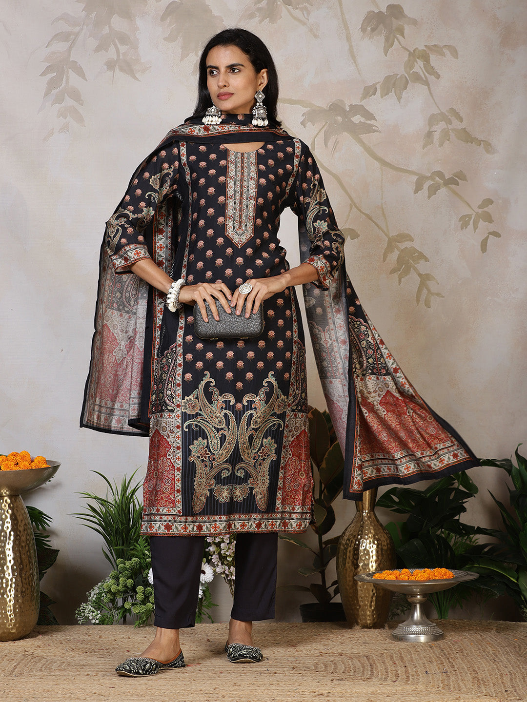 Printed Cotton Blend Kurta With Pants &amp; Dupatta