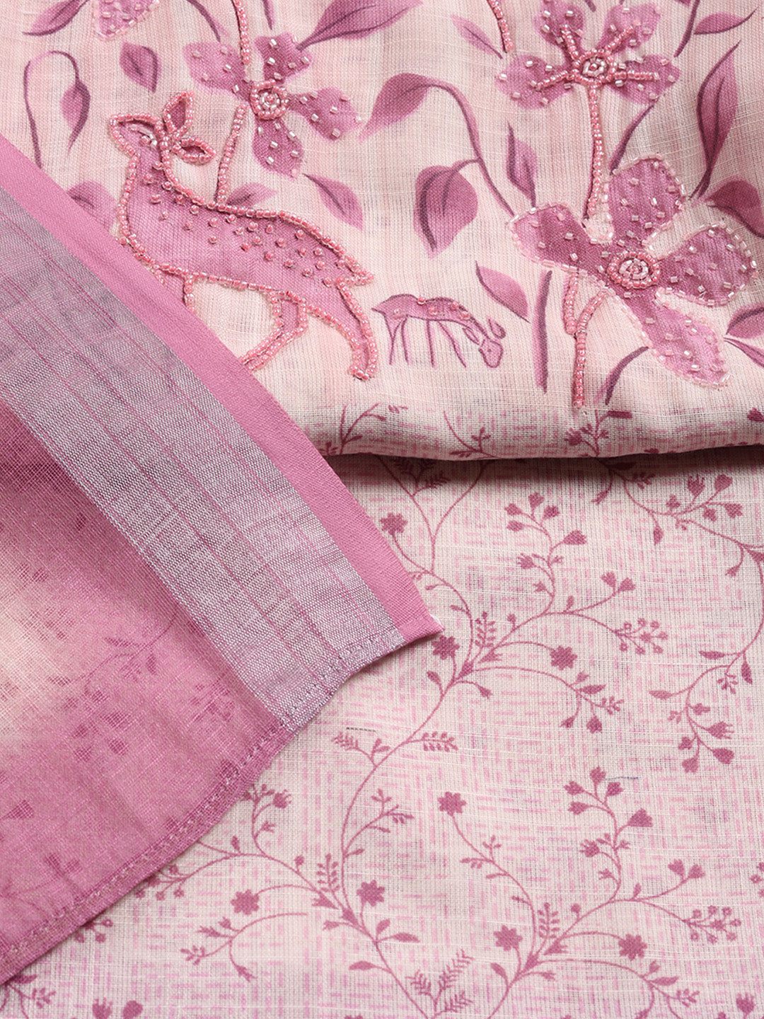 Printed Linen Blend Unstitched Suit With Pant &amp; Dupatta