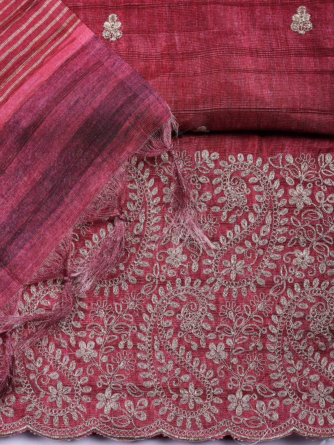 Embroidered Tussar Silk Unstitched Suit With Pant &amp; Dupatta