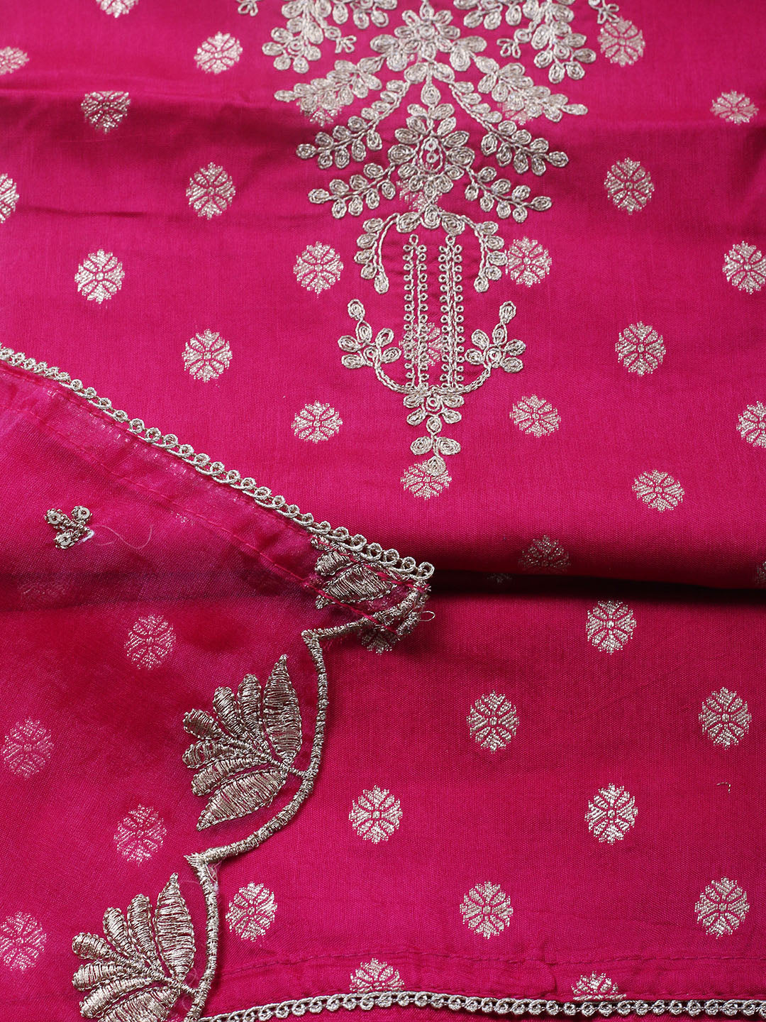 Embroidered Chanderi Unstitched Suit With Pant &amp; Dupatta