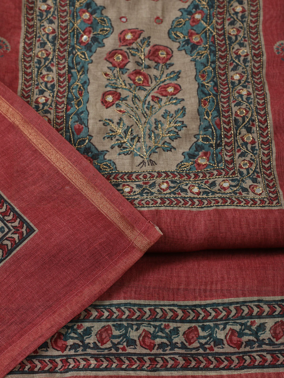 Printed Chanderi Unstitched Suit With Pant &amp; Dupatta