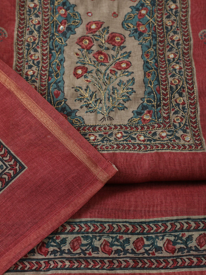 Printed Chanderi Unstitched Suit With Pant &amp; Dupatta