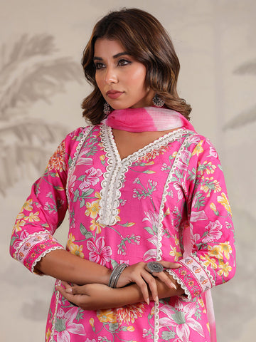 Floral Printed Cotton Blend Kurta With Pants & Dupatta