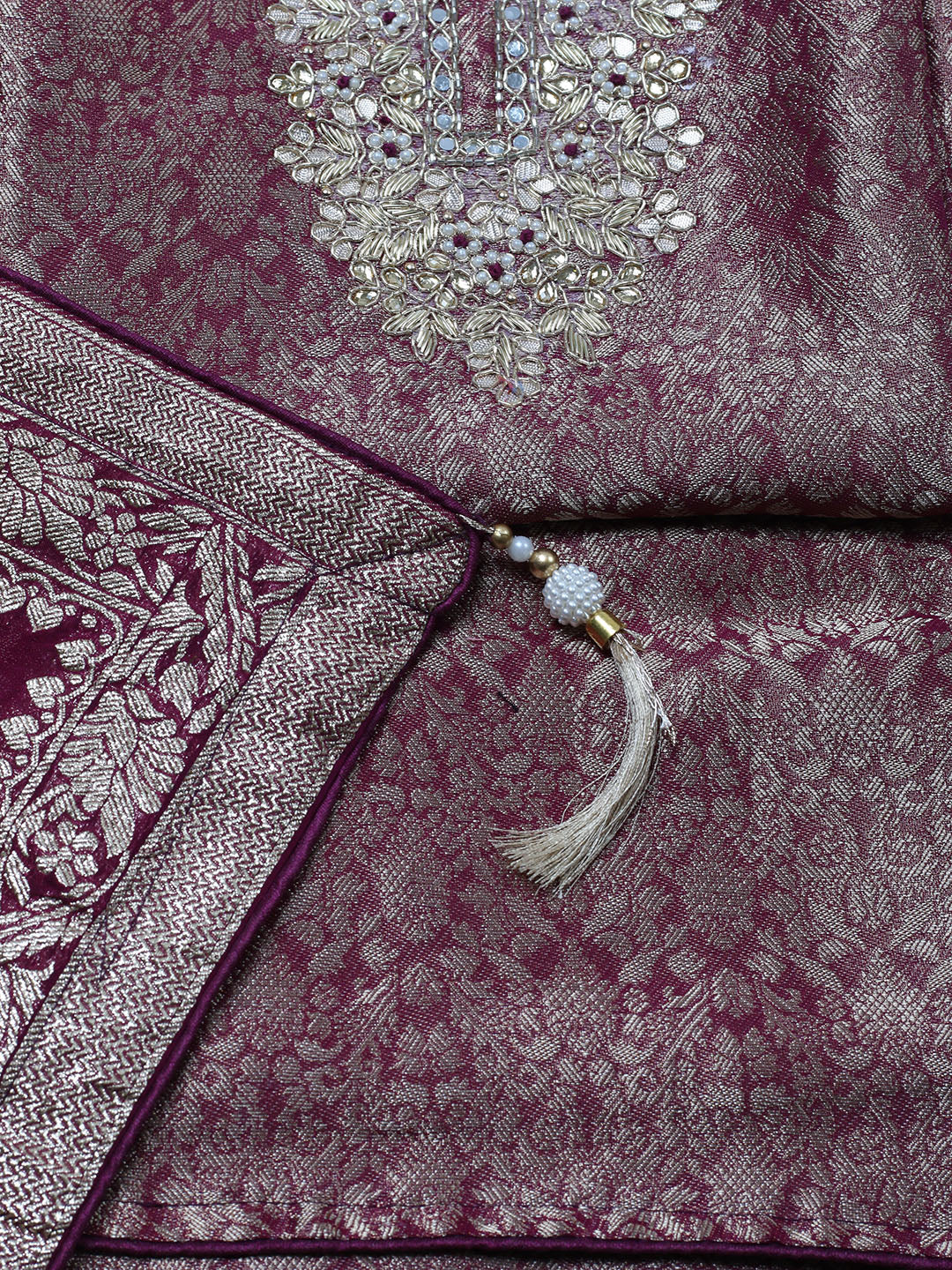 Embroidered Chanderi Unstitched Suit With Pant &amp; Dupatta